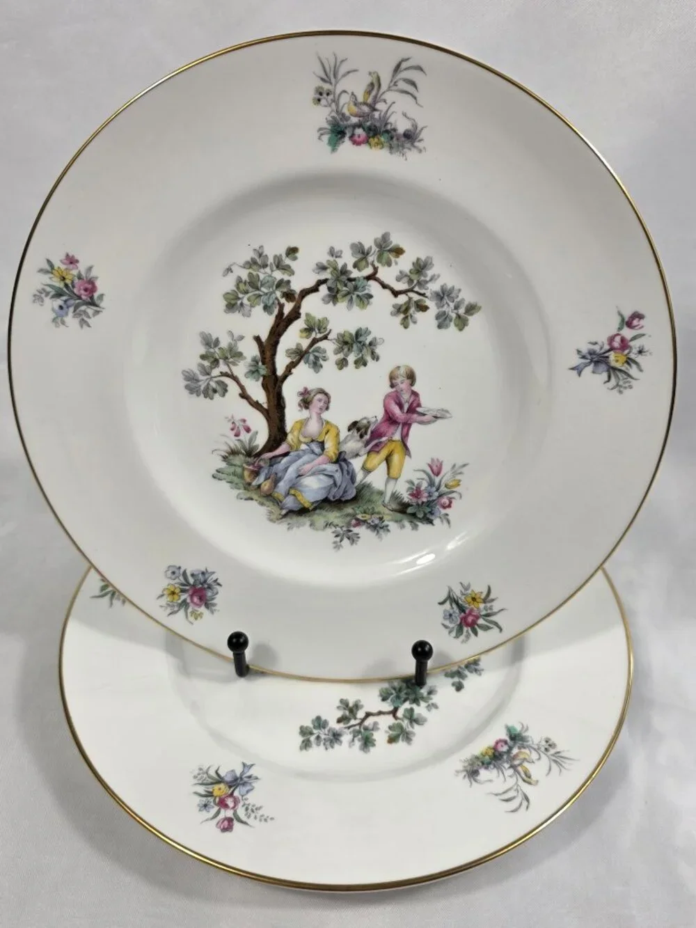 TWO Royal Worcester Watteau Luncheon Plates People in Center with Flowers & Tree